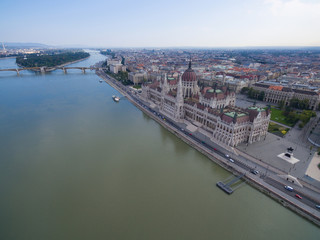 Obraz premium Aerial view of Parliament building in Budapest.