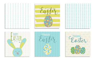 Colorful Happy Easter greeting card with rabbit, pattern and text. Set of 6 postcard  templates with message. Modern lettering  calligraphy style.