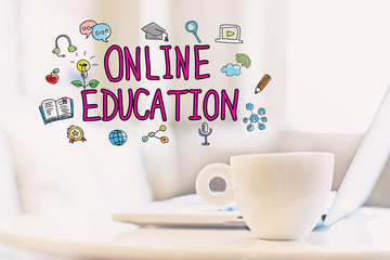 Online Education concept with a cup of coffee