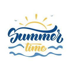 Vector illustration: Brush lettering composition of Summer Time with sun, waves and birds on white background.