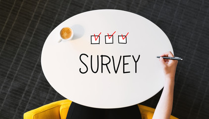 Survey text on a white table