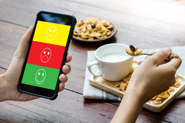 business man and woman select happy on satisfaction evaluation? And good mood smiley