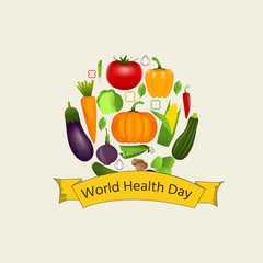 World health day concept with vegetables . Advertisement of  healty lifestyle and vegan food. People healthcare. Vector circle illustration.