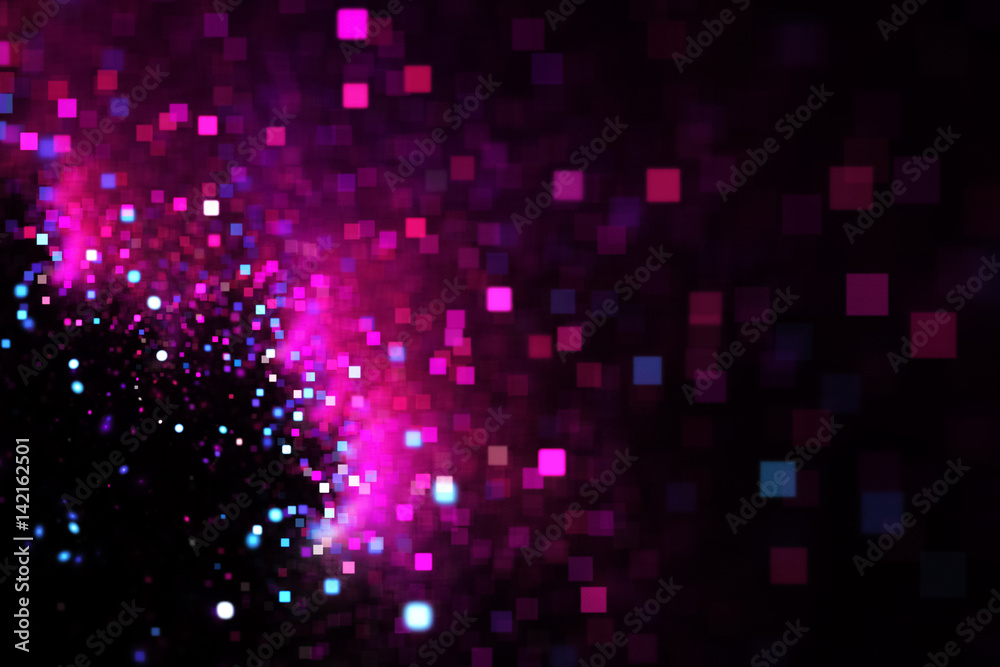 Wall mural abstract pink and blue square bokeh on black background. fantasy fractal texture. digital art. 3d re