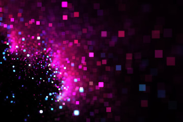 Abstract pink and blue square bokeh on black background. Fantasy fractal texture. Digital art. 3D rendering.