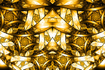 Abstract intricate golden mosaic ornament. Fantasy fractal background with stylized roses. Digital art. 3D rendering.