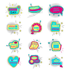 Set of Spring stickers, badges with text, labels. Pop art objects on a white background. Vector illustration.
