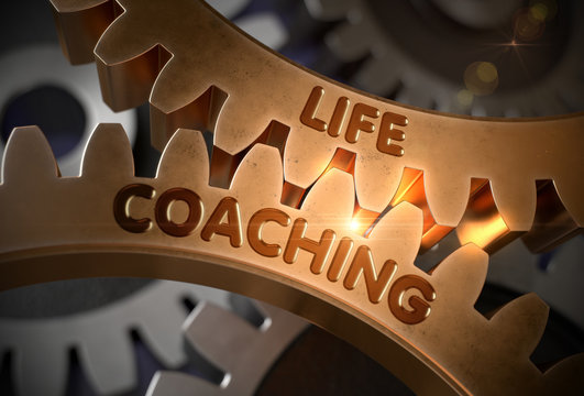 Life Coaching on Golden Metallic Cogwheels. 3D Illustration.