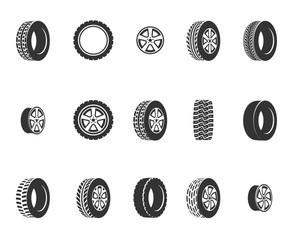 Tires, wheel disks auto service vector icons - obrazy, fototapety, plakaty