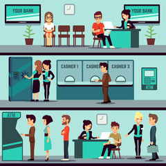Bank office interior with people, clients and bank clerks vector flat banking concept