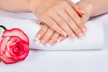 Obraz na płótnie Canvas Beautiful female hands with french manicureon a white towel near rose flower. Manicure salon