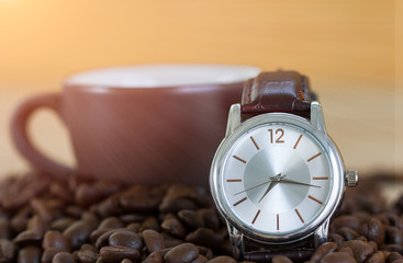 Coffee time concept ,Coffee beans and coffee cup