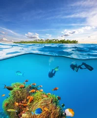 Foto auf Leinwand Taucher unter der Wasseroberfläche erkunden das Leben im Meer © Jag_cz