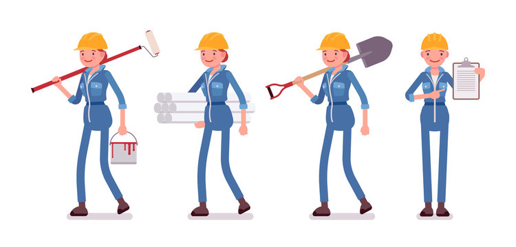 Set of female worker with different tools