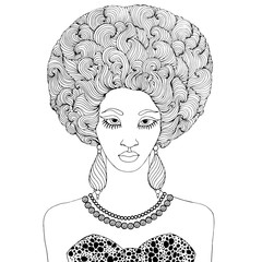 Vector African girl with magnificent curly afro hairstyle. Patterned illustration for coloring pages. Isolated on white background