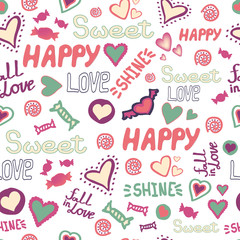 Fototapeta premium Seamless pattern doodle hearts love happy sweet words repeat. Vector available