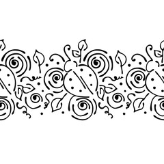 Seamless vector hand drawn floral pattern, endless border frame with flowers, leaves. Decorative cute graphic line drawing illustration. Print for wrapping, background, fabric, decor, textile, surface