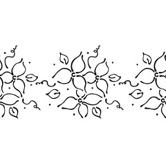 Seamless vector hand drawn floral pattern, endless border frame with flowers, leaves. Decorative cute graphic line drawing illustration. Print for wrapping, background, fabric, decor, textile, surface