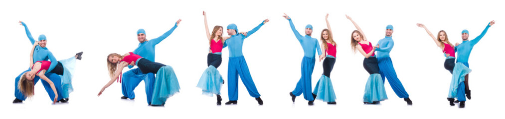 Pair of dancers dancing modern dance isolated on white