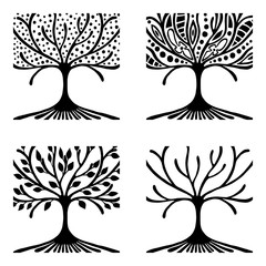 Vector set of hand drawn illustration, decorative ornamental stylized tree. Black and white graphic illustration isolated on the white background. Inc drawing silhouette.