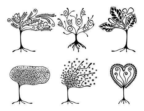 Vector set of hand drawn illustration, decorative ornamental stylized tree. Black and white graphic illustration isolated on the white background. Inc drawing silhouette.