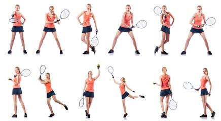 Young woman playing tennis isolated on white