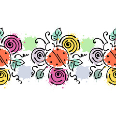 Seamless vector hand drawn floral pattern, endless border Colorful frame with flowers, leaves. Decorative cute graphic line drawing illustration. Print for wrapping, background, fabric, decor, textile