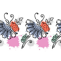 Seamless vector hand drawn floral pattern, endless border Colorful frame with flowers, leaves. Decorative cute graphic line drawing illustration. Print for wrapping, background, fabric, decor, textile