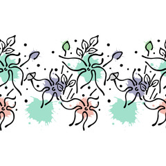 Seamless vector hand drawn floral pattern, endless border Colorful frame with flowers, leaves. Decorative cute graphic line drawing illustration. Print for wrapping, background, fabric, decor, textile