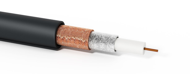 Coaxial cable showing detailed layers. 3D illustration