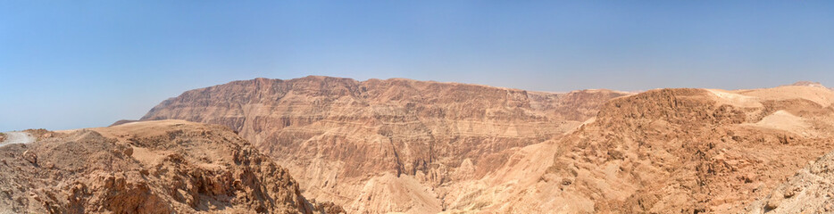 Panoramic view on mountain landscape in Judean desert. Metzoke Dragot, Israel.

