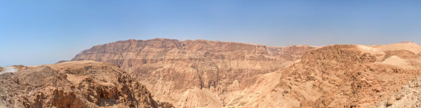 Panoramic view on mountain landscape in Judean desert. Metzoke Dragot, Israel.
