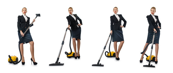 Fototapeta na wymiar Businesswoman cleaning with vacuum cleaner on white