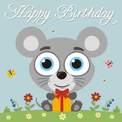 Happy birthday! Funny little mouse with birthday gift in cartoon style. Card with mouse for child birthday.