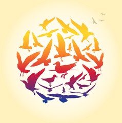 Seagull silhouettes in a circle composition for summer backgrounds and sea themes