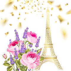 Fototapeta na wymiar Confetti with eiffel tower. Eiffel tower and falling confetti. Golden confetti falls isolated over white background. Vector illustration.