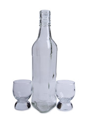 Empty glasses bottles on white background