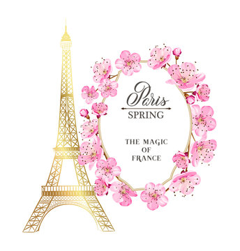 Eiffel tower and Tulip bouquet. Tulip bouquet isolated over white. Vector illustration.