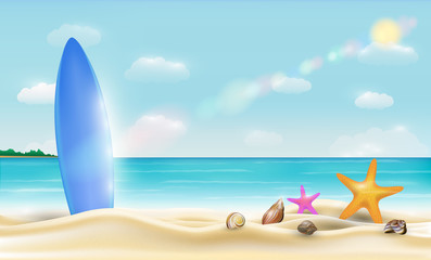 surfboard on a beautiful bright sea sand beach vector