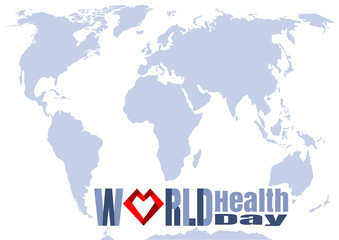 Obraz premium Projekt typograficzny na Światowy Dzień Zdrowia. Koncepcja z czerwonym sercem i stylowy napis na tle mapy świata. Projekt plakatu. Kartka z życzeniami. Ilustracji wektorowych