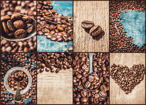 Fototapeta collage of coffee. a lot of pictures. selective focus.  