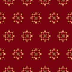 Vector seamless background pattern of circular ornament colored mandala repeating on red background