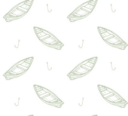 seamless pattern with fishing elements: boat, paddle and hook