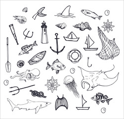 hand drawn fishing and sea isolated elements on white background