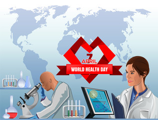 World Health Day poster design. April 7. Big red heart with greeting inscription, beautiful woman medic and health professionals on the background of the world map. Vector concept illustration