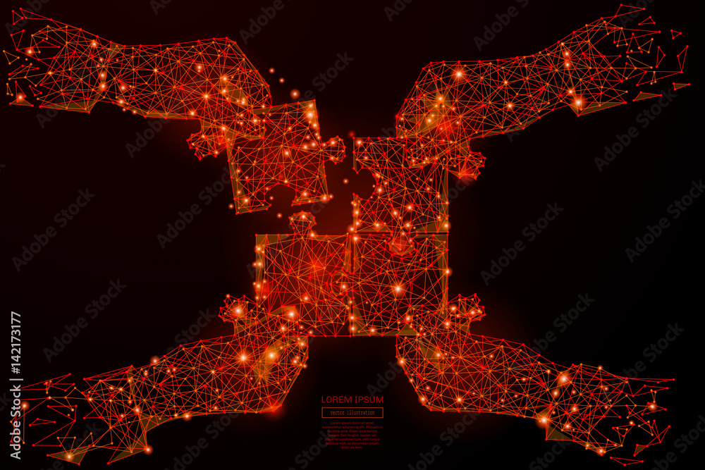 Leinwandbilder abstract mash line and point hands collect puzzle on background with an inscription. teamwork concep