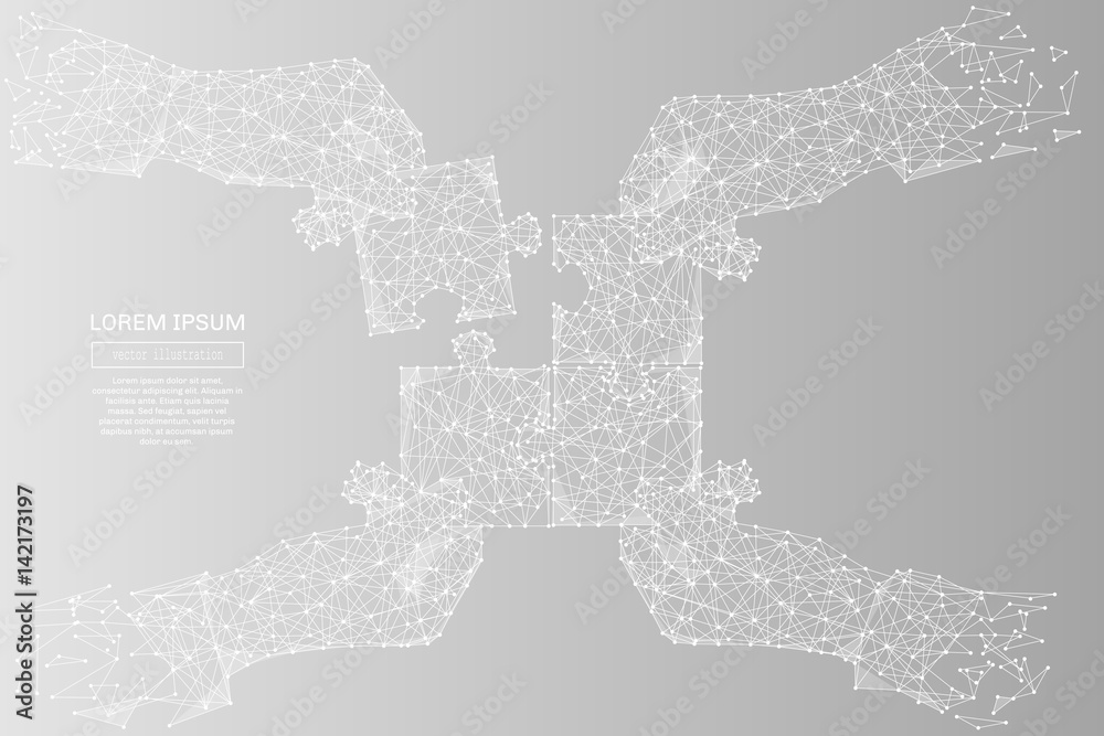 Poster White abstract hands collect puzzle polygonal, geometry triangle. Teamwork concept. Light connection structure of coin. Low poly vector on gray background. Connection structure