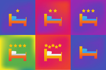 Vector set of icons or illustrations showing bed in hotel room in brutalism style