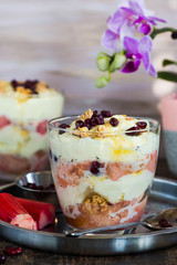 White chocolate mousse with poached rhubarb