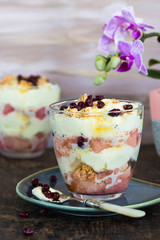 White chocolate mousse with poached rhubarb